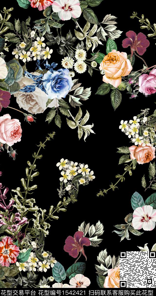 复古花卉满版散花数码印花华亿平台下载（图片编号: 1542421） - 瓦栏（Walan）