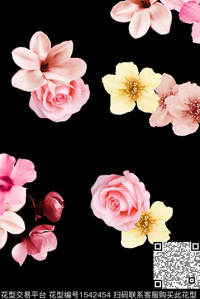 花卉清爽黑底花卉数码印花华亿平台下载（图片编号: 1542454） - 瓦栏（Walan）