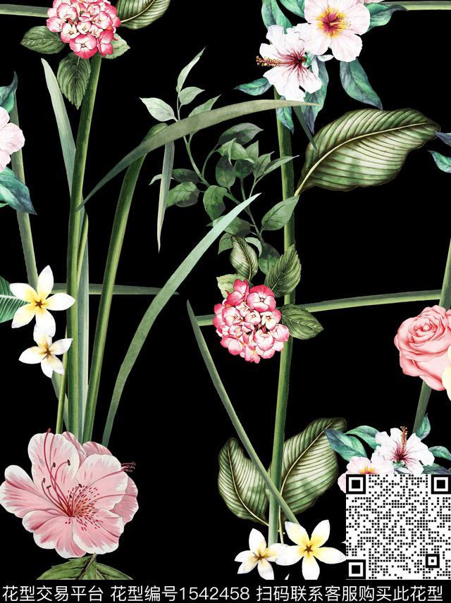 复古花卉黑底花卉数码印花华亿平台下载（图片编号: 1542458） - 瓦栏（Walan）