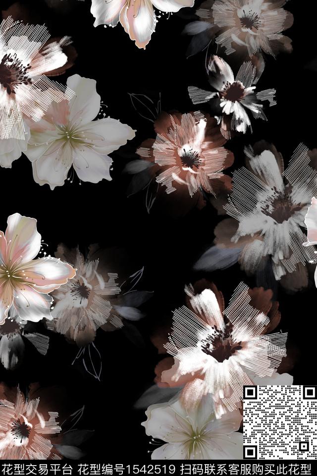 水彩花卉黑底花卉数码印花华亿平台下载（图片编号: 1542519） - 瓦栏（Walan）
