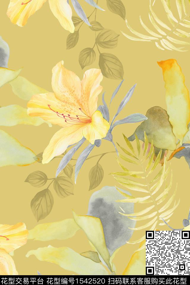 水彩花卉大花数码印花华亿平台下载（图片编号: 1542520） - 瓦栏（Walan）
