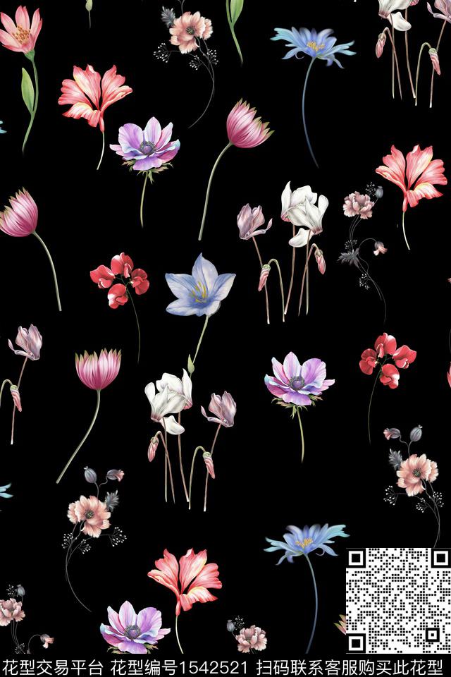 小碎花花卉黑底花卉数码印花华亿平台下载（图片编号: 1542521） - 瓦栏（Walan）