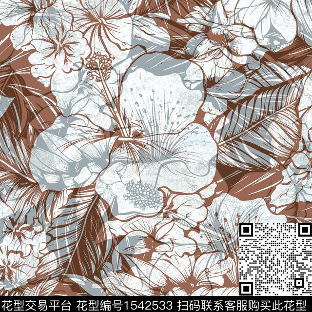 大花花卉叶子数码印花华亿平台下载（图片编号: 1542533） - 瓦栏（Walan）