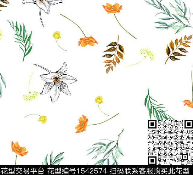 花卉水彩白底花数码印花华亿平台下载（图片编号: 1542574） - 瓦栏（Walan）