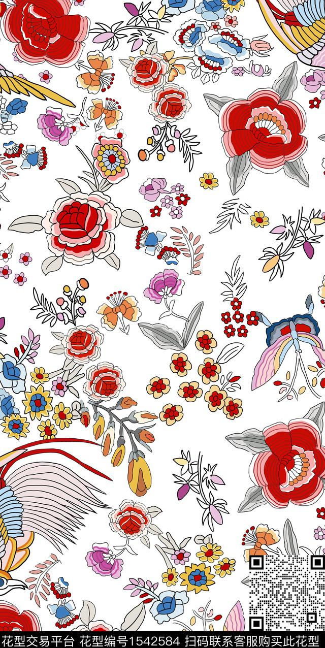 花卉手绘鸟传统印花华亿平台下载（图片编号: 1542584） - 瓦栏（Walan）