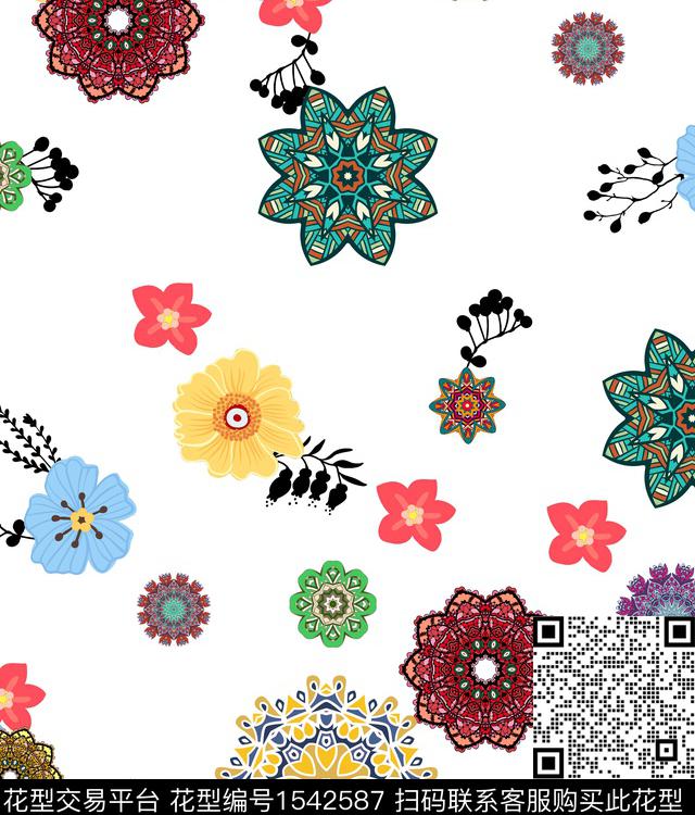 花卉白底花民族花卉传统印花华亿平台下载（图片编号: 1542587） - 瓦栏（Walan）