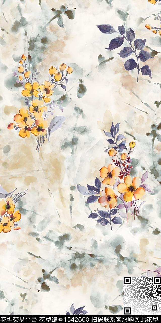 水彩水墨风花卉数码印花华亿平台下载（图片编号: 1542600） - 瓦栏（Walan）
