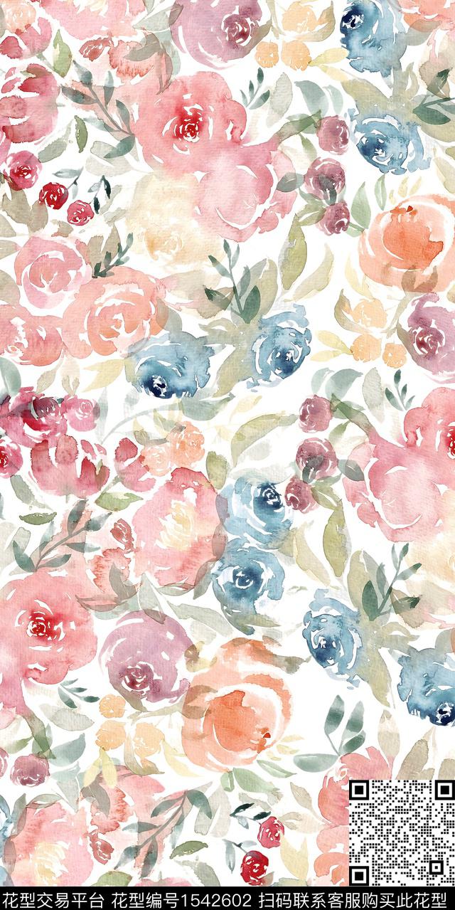 水彩花卉满版散花数码印花华亿平台下载（图片编号: 1542602） - 瓦栏（Walan）
