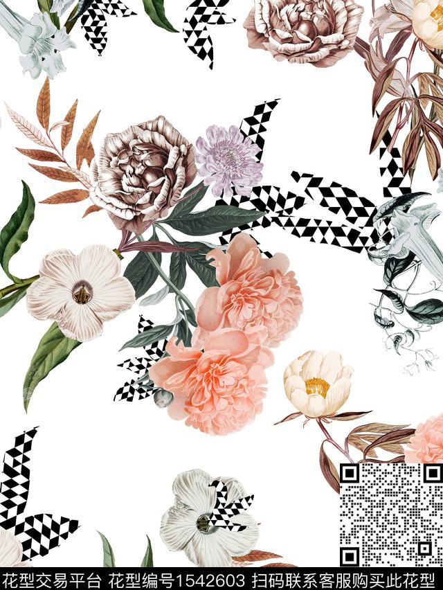 复古花卉白底花数码印花华亿平台下载（图片编号: 1542603） - 瓦栏（Walan）