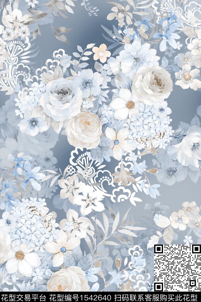 大花满版散花花卉数码印花华亿平台下载（图片编号: 1542640） - 瓦栏（Walan）