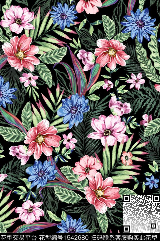 绿植树叶手绘花卉满版散花数码印花华亿平台下载（图片编号: 1542680） - 瓦栏（Walan）