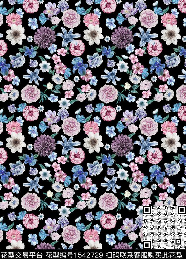 满版散花花卉水彩数码印花华亿平台下载（图片编号: 1542729） - 瓦栏（Walan）