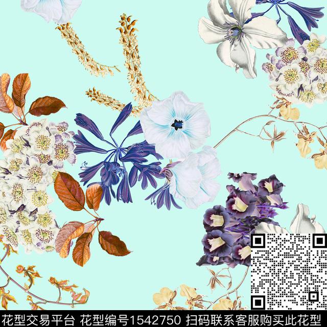 复古花卉水绿底数码印花华亿平台下载（图片编号: 1542750） - 瓦栏（Walan）
