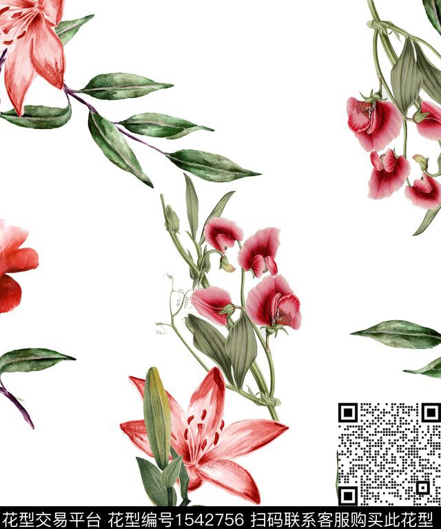 花卉水彩百合数码印花华亿平台下载（图片编号: 1542756） - 瓦栏（Walan）