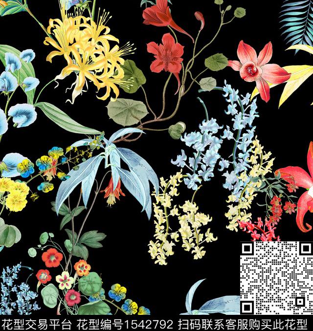 复古花卉黑底花卉数码印花华亿平台下载（图片编号: 1542792） - 瓦栏（Walan）