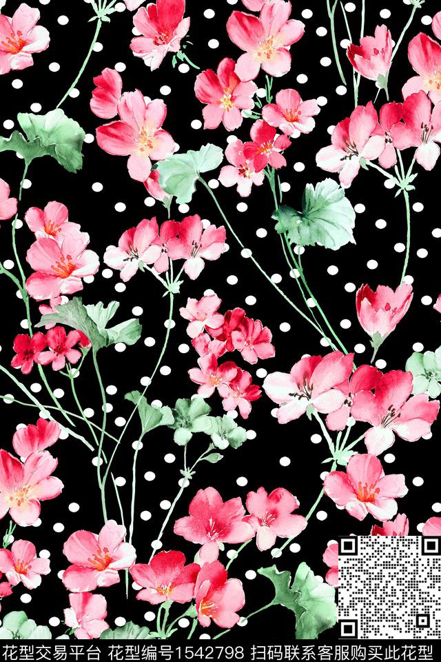 波点花卉黑底花卉数码印花华亿平台下载（图片编号: 1542798） - 瓦栏（Walan）