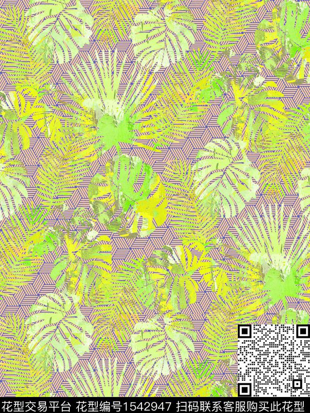 热带叶子格子数码印花华亿平台下载（图片编号: 1542947） - 瓦栏（Walan）