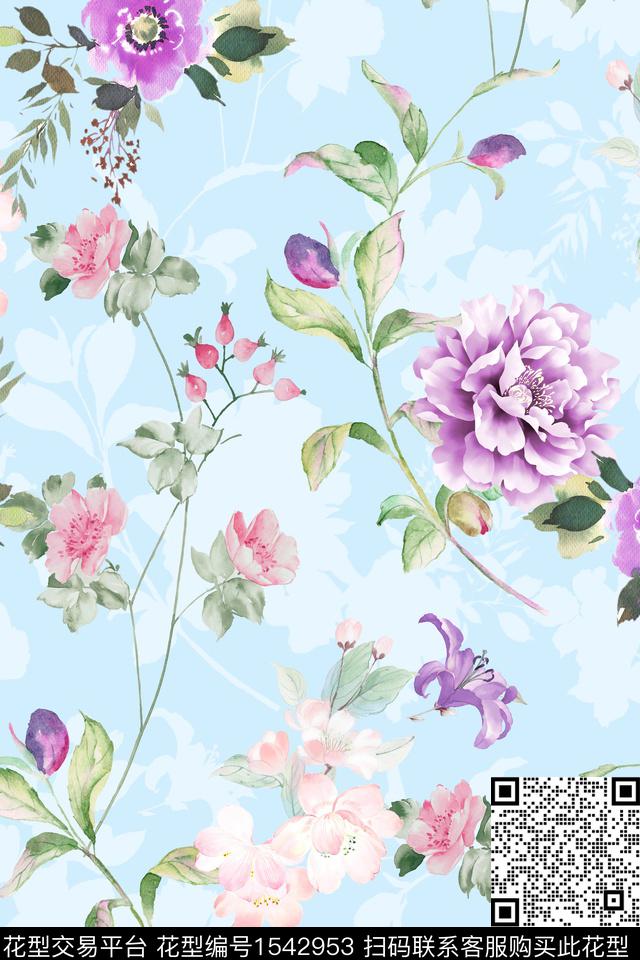 小清新水彩满版散花数码印花华亿平台下载（图片编号: 1542953） - 瓦栏（Walan）