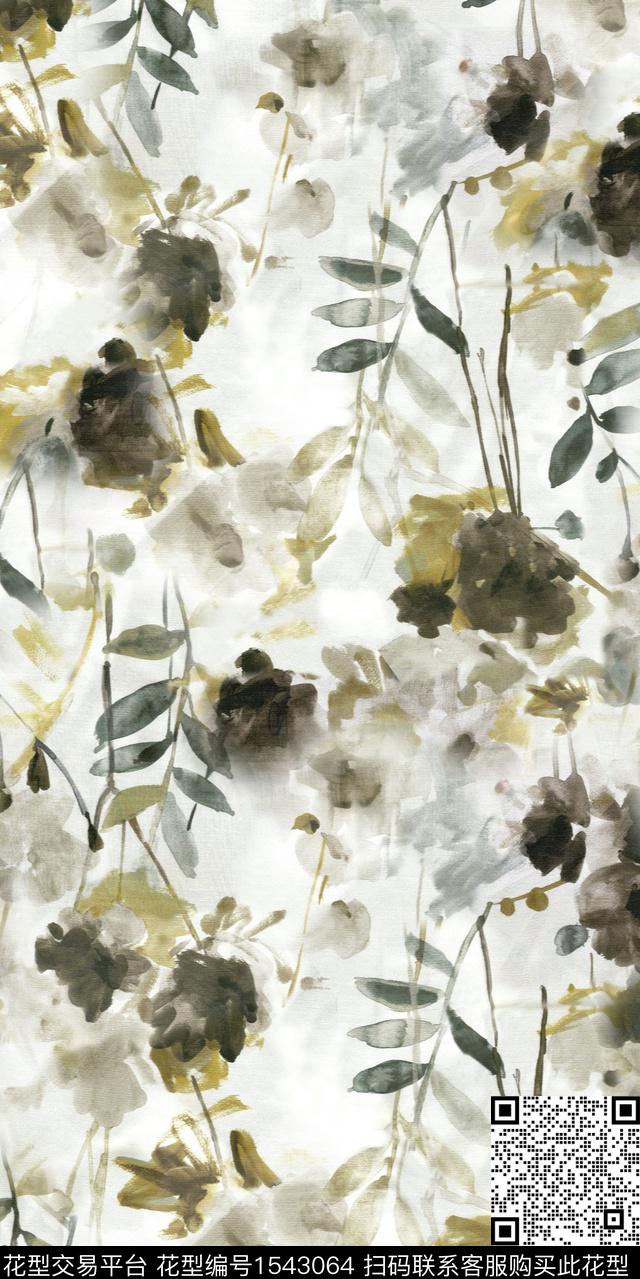 绿植树叶水墨风花卉数码印花华亿平台下载（图片编号: 1543064） - 瓦栏（Walan）
