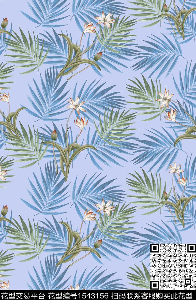 花卉热带叶子数码印花华亿平台下载（图片编号: 1543156） - 瓦栏（Walan）