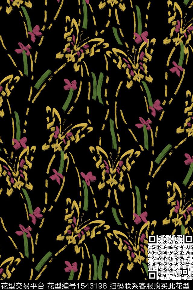 黑底花卉蝴蝶笔触数码印花华亿平台下载（图片编号: 1543198） - 瓦栏（Walan）