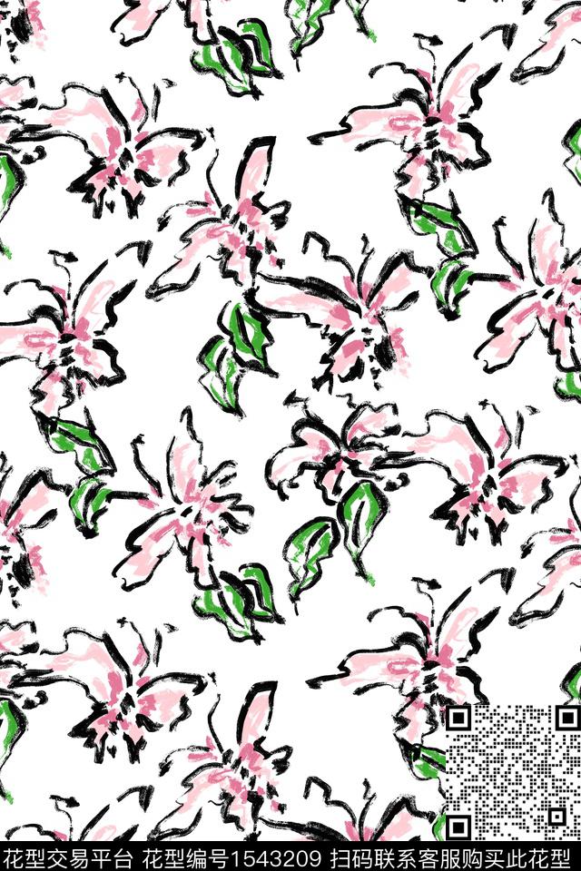 笔触花卉清爽底花卉数码印花华亿平台下载（图片编号: 1543209） - 瓦栏（Walan）