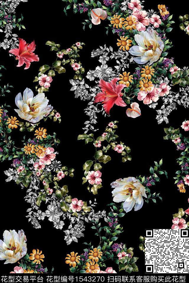 花卉黑底花卉女装数码印花华亿平台下载（图片编号: 1543270） - 瓦栏（Walan）