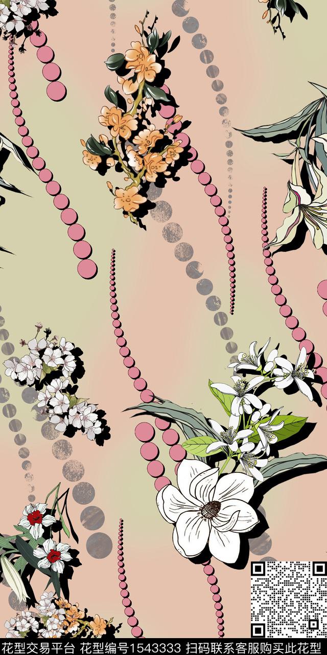 大花波点花卉数码印花华亿平台下载（图片编号: 1543333） - 瓦栏（Walan）