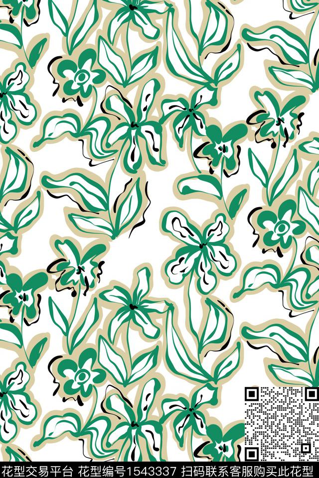 线条花卉淑女清爽底花卉数码印花华亿平台下载（图片编号: 1543337） - 瓦栏（Walan）