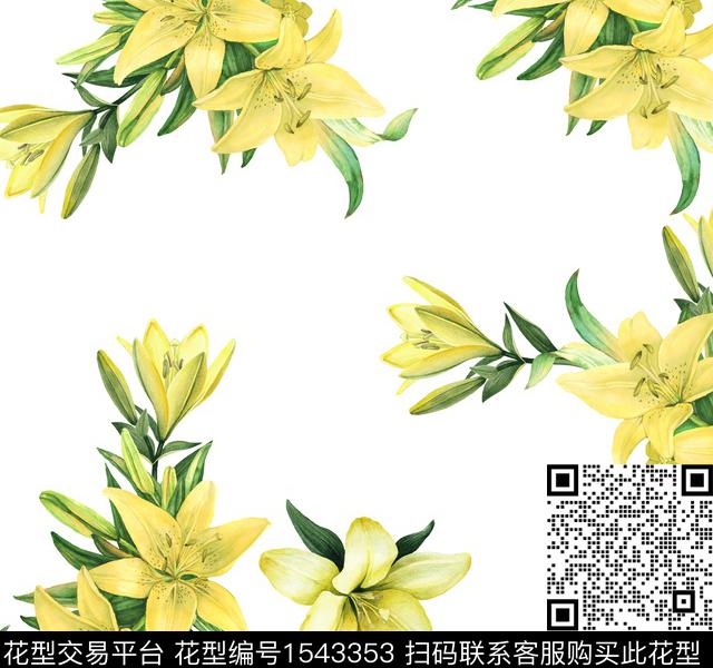 复古花卉百合数码印花华亿平台下载（图片编号: 1543353） - 瓦栏（Walan）