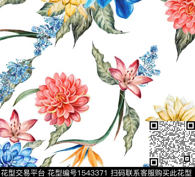 花卉水彩白底花数码印花华亿平台下载（图片编号: 1543371） - 瓦栏（Walan）