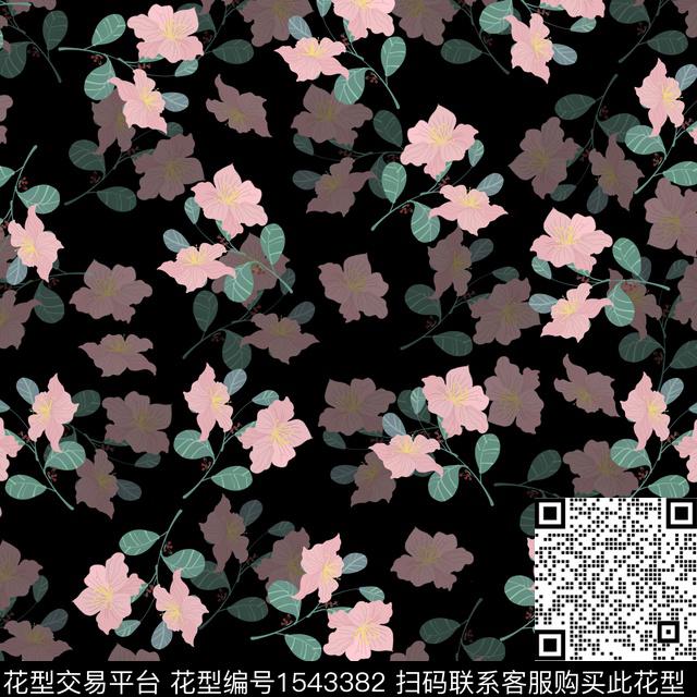 花卉黑底花卉小碎花传统印花华亿平台下载（图片编号: 1543382） - 瓦栏（Walan）