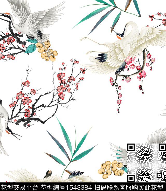 梅花仙鹤花卉数码印花华亿平台下载（图片编号: 1543384） - 瓦栏（Walan）