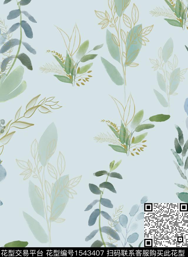 水彩叶子线条花数码印花华亿平台下载（图片编号: 1543407） - 瓦栏（Walan）