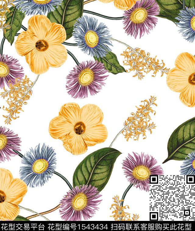 复古花卉白底花数码印花华亿平台下载（图片编号: 1543434） - 瓦栏（Walan）