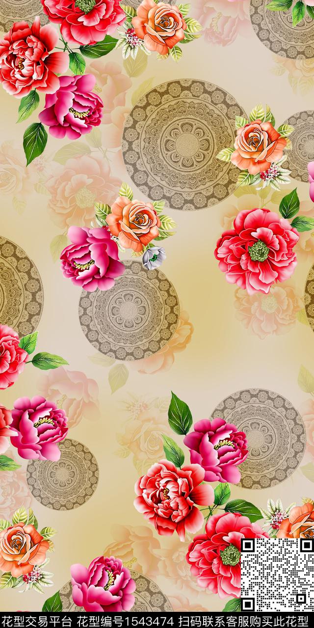 花卉民族花纹圆数码印花华亿平台下载（图片编号: 1543474） - 瓦栏（Walan）