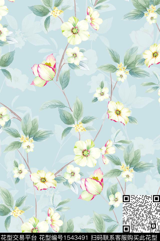 小清新清爽花卉数码印花华亿平台下载（图片编号: 1543491） - 瓦栏（Walan）