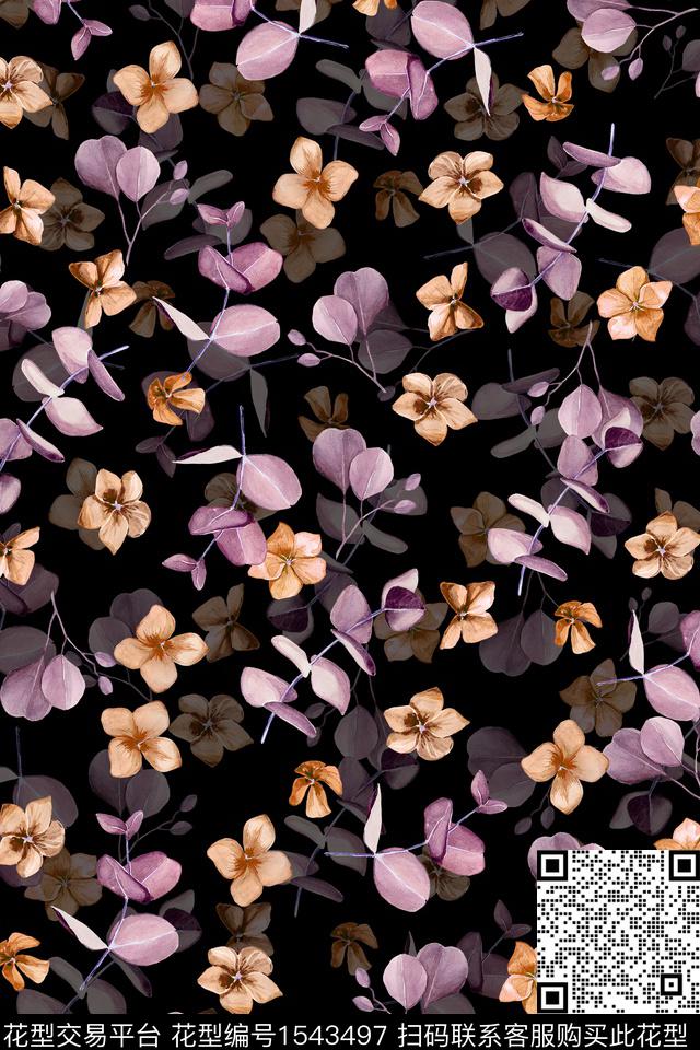 小碎花黑底花卉水彩数码印花华亿平台下载（图片编号: 1543497） - 瓦栏（Walan）