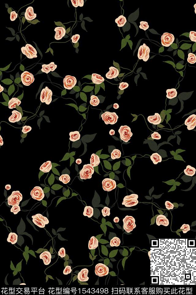 小碎花黑底花卉花卉数码印花华亿平台下载（图片编号: 1543498） - 瓦栏（Walan）