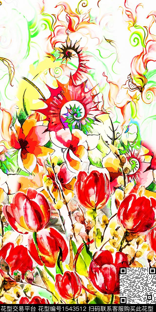 郁金香定位花水彩花卉数码印花华亿平台下载（图片编号: 1543512） - 瓦栏（Walan）