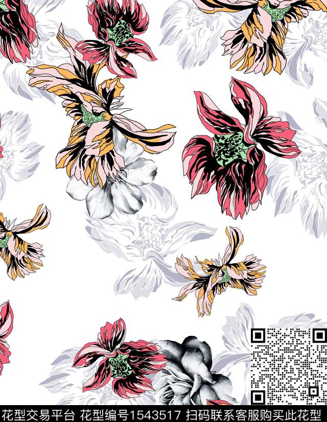 抽象花卉白底花传统印花华亿平台下载（图片编号: 1543517） - 瓦栏（Walan）