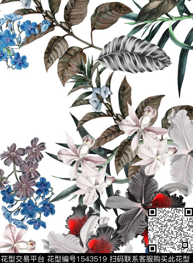 复古花卉白底花数码印花华亿平台下载（图片编号: 1543519） - 瓦栏（Walan）