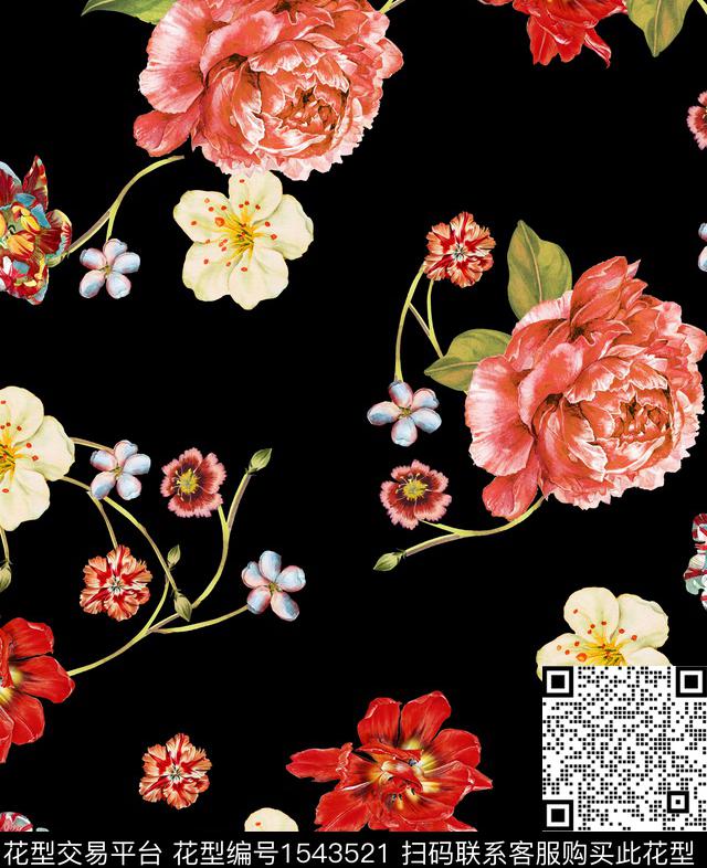 复古花卉黑底花卉数码印花华亿平台下载（图片编号: 1543521） - 瓦栏（Walan）
