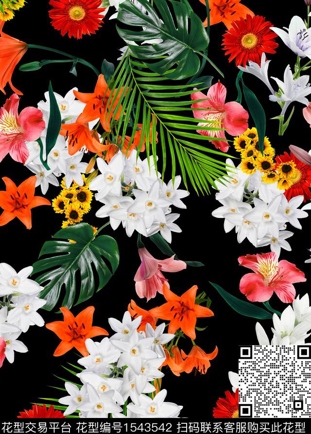 花卉黑底花卉满版散花数码印花华亿平台下载（图片编号: 1543542） - 瓦栏（Walan）