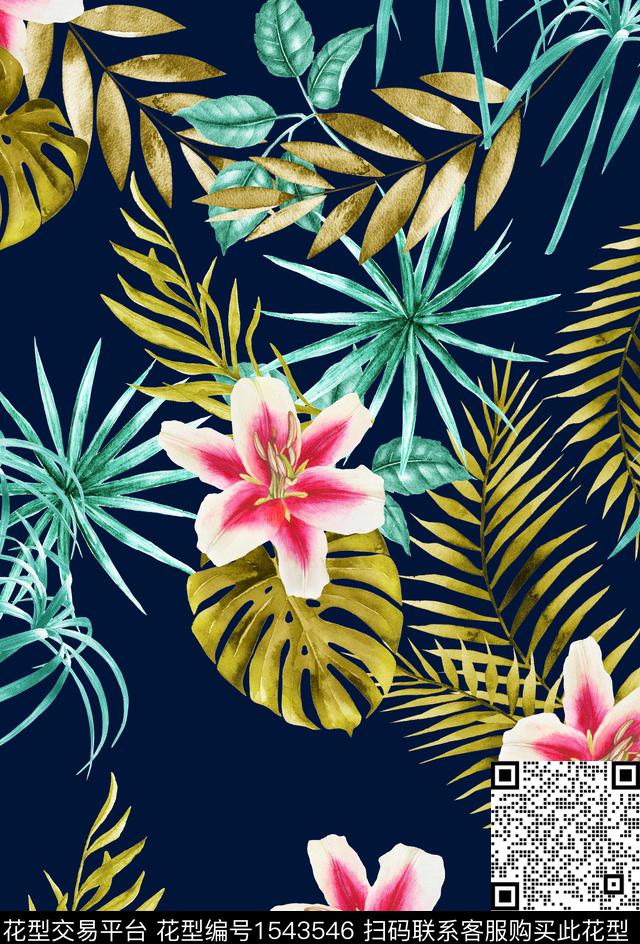 花卉水彩热带华亿平台数码印花华亿平台下载（图片编号: 1543546） - 瓦栏（Walan）