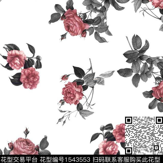 复古花卉玫瑰花数码印花华亿平台下载（图片编号: 1543553） - 瓦栏（Walan）