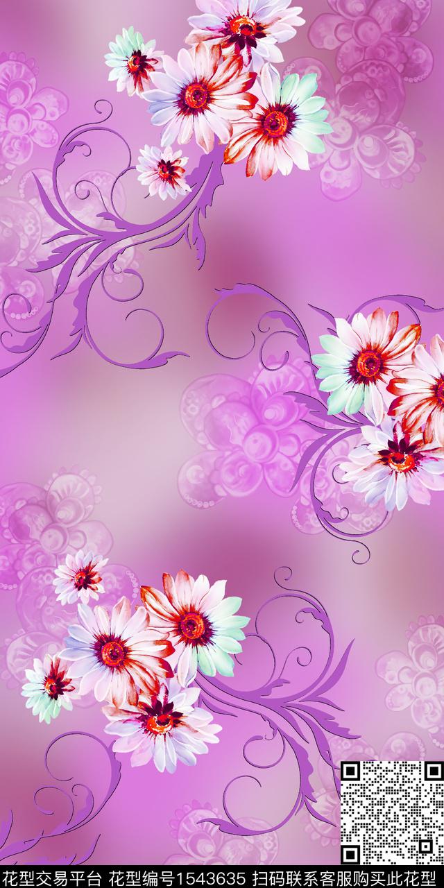 花卉大花紫色数码印花华亿平台下载（图片编号: 1543635） - 瓦栏（Walan）