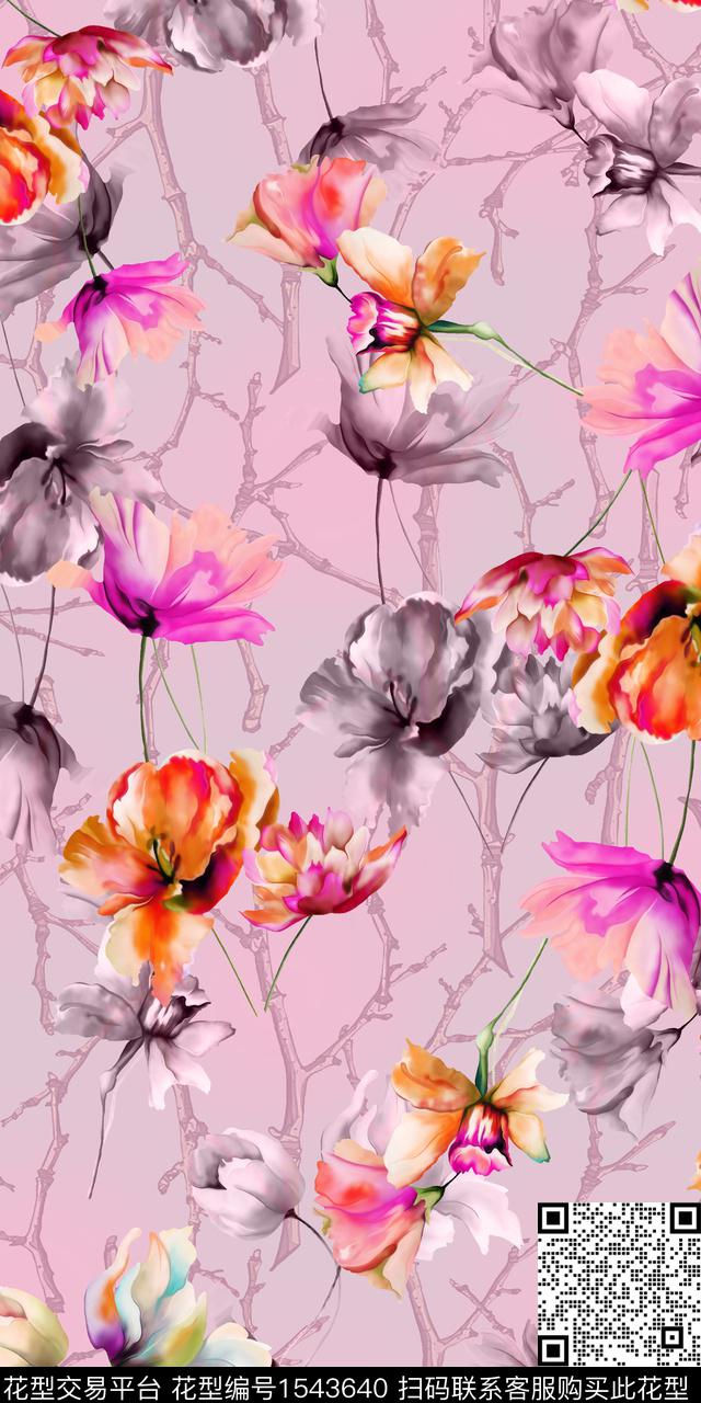 花卉水墨水彩数码印花华亿平台下载（图片编号: 1543640） - 瓦栏（Walan）
