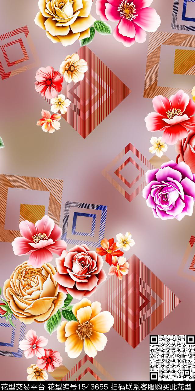 大花花卉几何数码印花华亿平台下载（图片编号: 1543655） - 瓦栏（Walan）