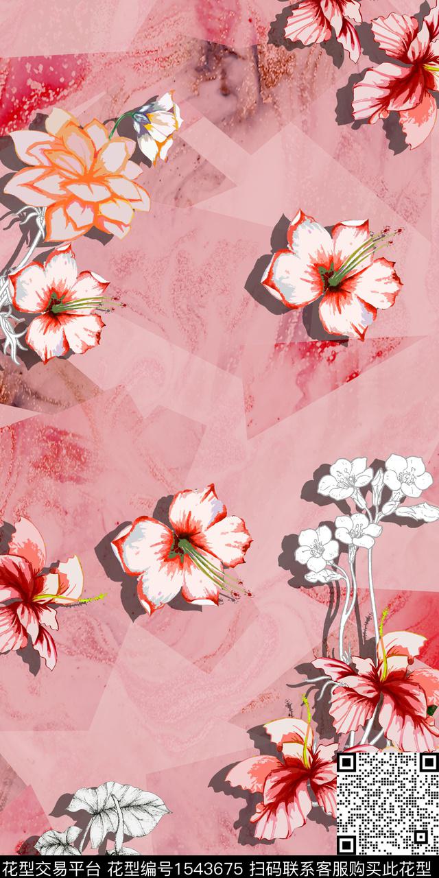 花卉几何拼接数码印花华亿平台下载（图片编号: 1543675） - 瓦栏（Walan）